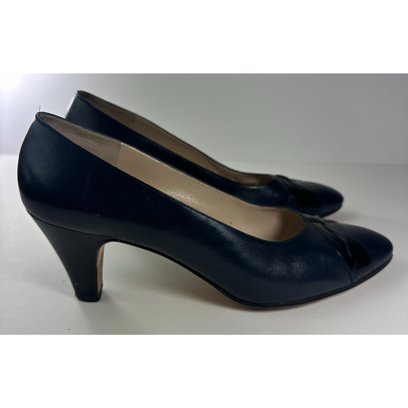 Salvatore Ferragamo Heels Black & Blue Pumps Leather Round Toe Shoe Size 9B 9 - Picture 12 of 16